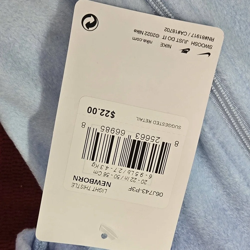 Nike Sleepwear Newborn Toddler 50-56 cm  Blue Fleece Logo Zipper NWT